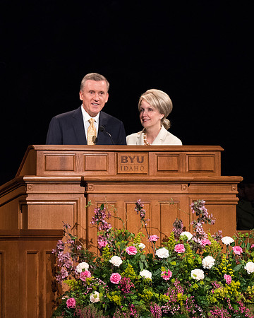 Elder Kevin Duncan, and his wife Nancy, address students at a BYU-Idaho Devotional in Spring 2019.