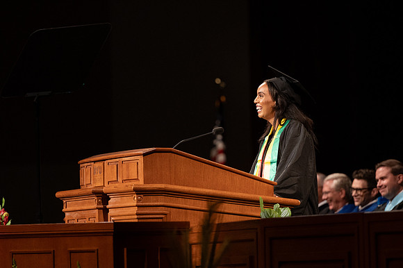 Aberash Williams, Sociology major, speaks at convocation for the College of Education & Human Development