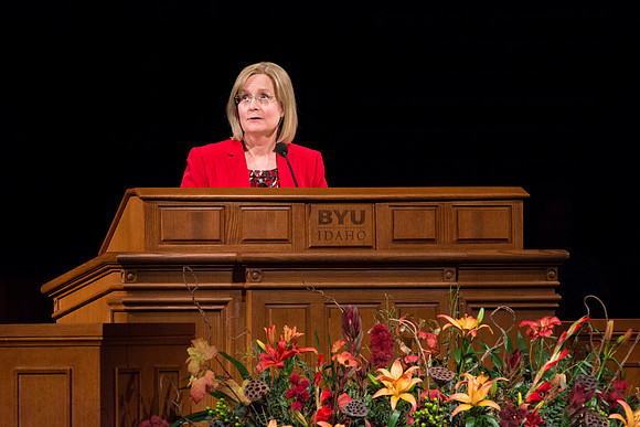 Lynne Anderson, Managing Director over the BYU-Idaho Cirriculum Development, speaks to BYU-Idaho students at Devotional.