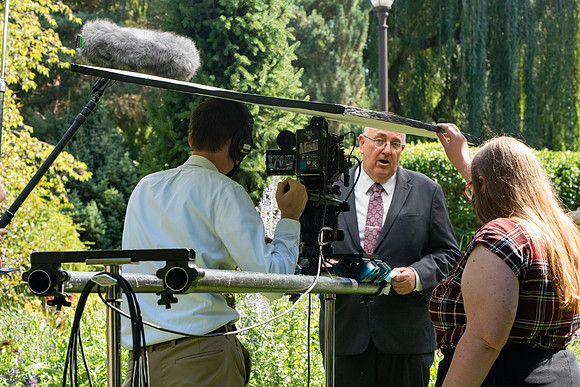 Video production of Vice President, Jon Linford, in the Thomas E. Ricks Gardens for the We're In This Together campaign.
