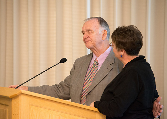 Ricks College Alumni gather to honor John and Trudy Bidwell at an Emeritus Breakfast.