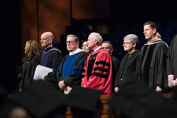 BYU-Idaho Commencement. Guest Speaker Jeffrey R. Holland and Elder Kim B. Clark with BYU-Idaho Officials.Winter Semester.