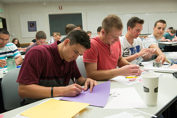 Business Management students learn some creative developement and thinking skills to prepare them for their IBC groups. The class is taught in a group effort by Craig Bell, Drew Eagar and Kent Lundin.