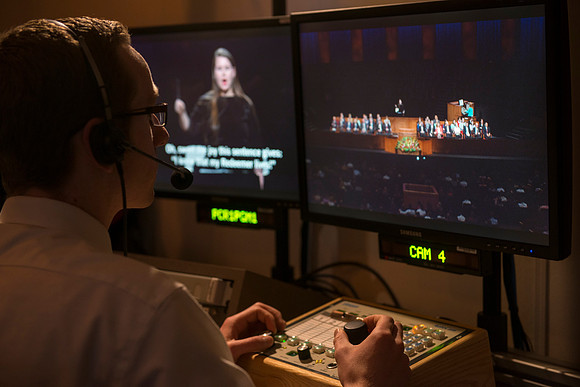 Behind the scenes of devotional: In the AV Camera Control room students run five mounted cameras in the BYU-I Center auditorium.