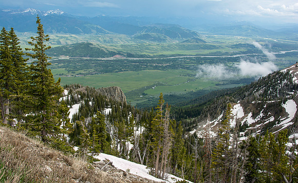 Jackson Hole Ski area. Scouting out Rock Spring Buttress for video shoot. Views from the top of the Ski Resort via the Aerial Tram