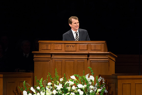 Randall L. Ridd, Second Counselor of the Young Men General Presidency, addresses young adults at the Worldwide Devotional held in the BYU-Idaho Center on Sunday, 11 January, 2015. Photo by Ryan Chase