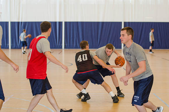 BYU-Idaho students playing basketball at the I-Center on campus