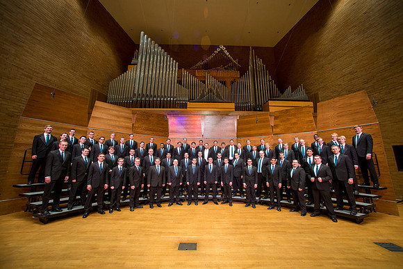 Brigham Young University-Idaho Men's Choir performing for their newest concert.