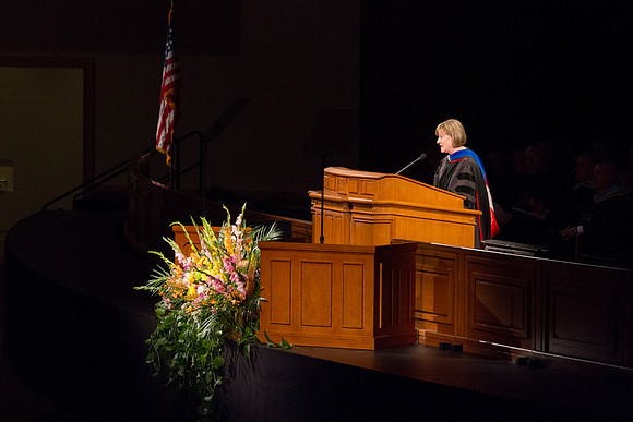 Sister Bonnie L. Oscarson, Young Women General President addresses 2014 Spring Semester Graduates during commencement in the I-Center. Photo by Tyler Rickenbach