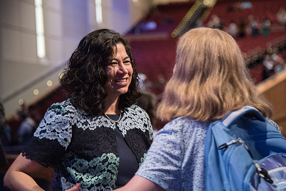 BYU-Idaho Devotional. Guest Speaker Reyna Aburto, Second Counselor in the General Relief Society, greeting the students after her talk. Spring Semester.