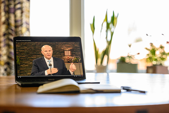 With COVID-19 having shut down campus, the Renlunds speaking was streamed from Salt Lake City to students across the globe.