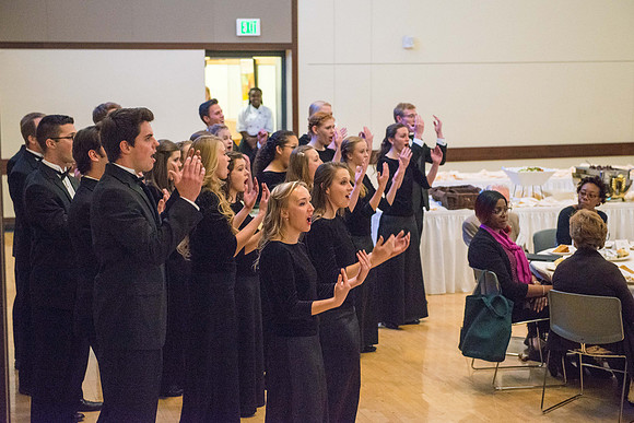 President Henry J Eyring hosts members of the President's Club who gather for a reception and banquet in the BYU-Idaho Marriott Center.