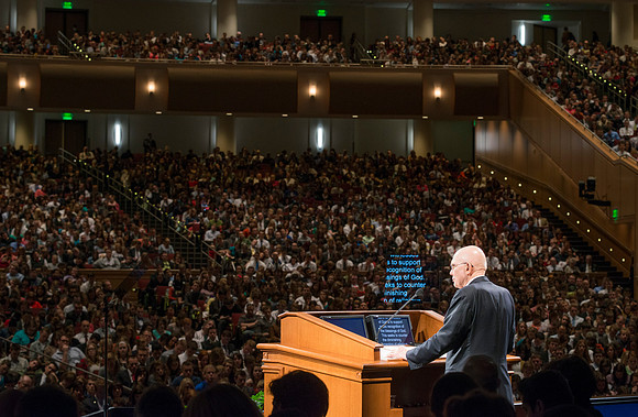 Elder Dallin H. Oaks speaks at devotional in the BYU-Idaho Center. BYU-Idaho photo by Michael Lewis