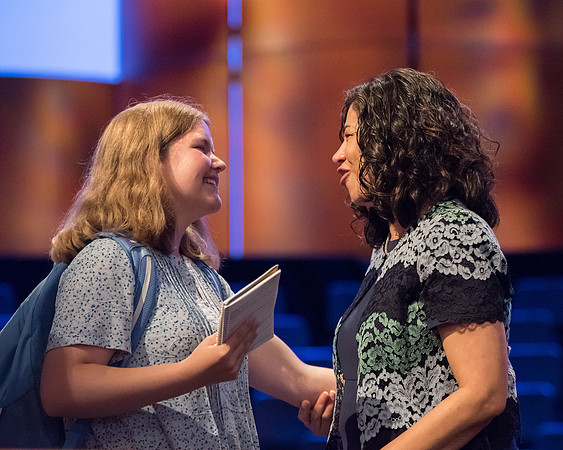 Sister Reyna Aburto interacts with students after her devotional address.