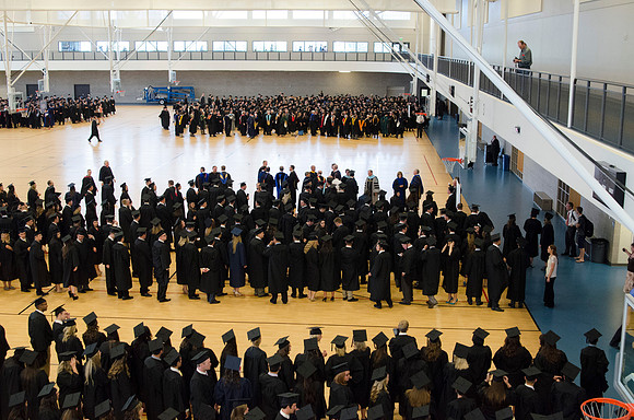 Graduating students from the 2014 Spring Semster gather in the I-Center for commencement.