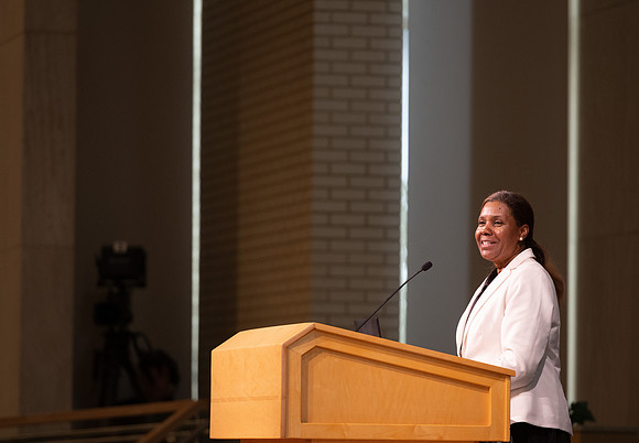Michelle Amos from NASA speaking to BYUI students.