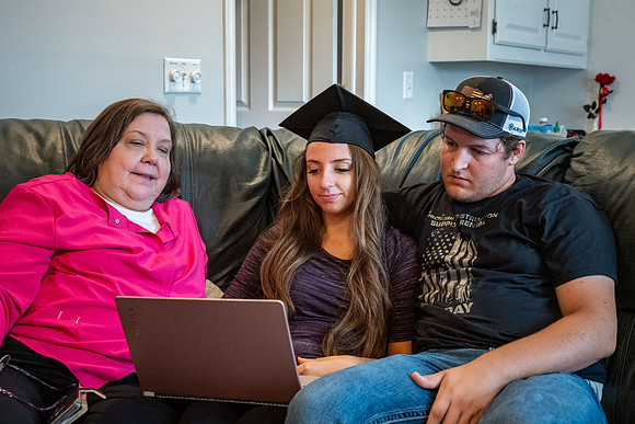 Graduate, Kathleen Whittier watching BYU-Idaho Commencement - July 2021