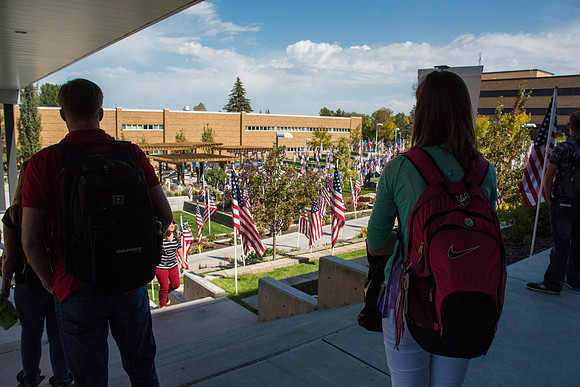 Flags on display in the Central Quad celebrate Constitution Day. "Remembering the brave men and women who gave so much for our Independance and the freedoms we now enjoy."