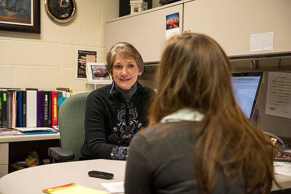 Diane Soelberg, Brigham Young University-Idaho's Music Deparment's Chair, speaks with a student.