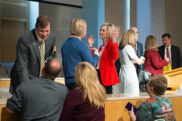 Sister Bonnie Cordon in the General Young Women's Presidency addresses Employees gathered in the Taylor Chapel.