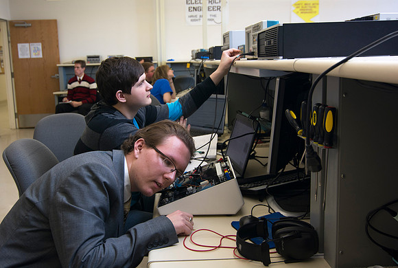 Students find their hearing range in the Electrical Engineering labs in the Austin Building.