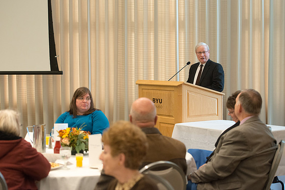 Ricks College Alumni gather to honor John and Trudy Bidwell at an Emeritus Breakfast.