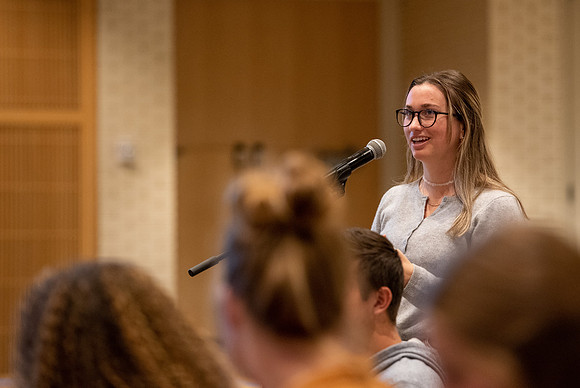 Stacy Taniguchi speaks to students about Choosing to Strive at the Taylor Chapel.