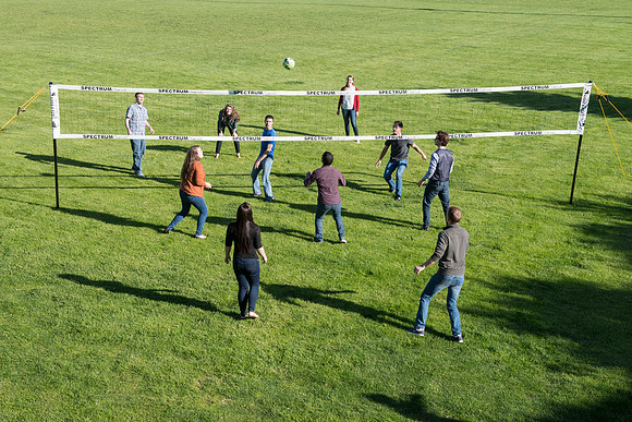 Student models interact and smile for marketing purposes that will be used for the new Campus Housing next to The Ivy.