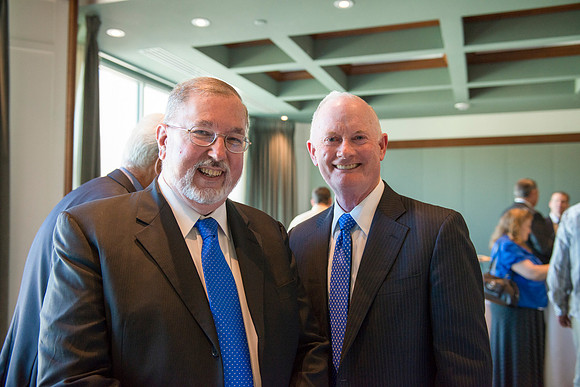 Kim B. Clark, President of Brigham Young University-Idaho, poses with this years Sacred Music concert composer, Daniel Gawthrop, at a reception before the concert. Photo by Ryan Chase