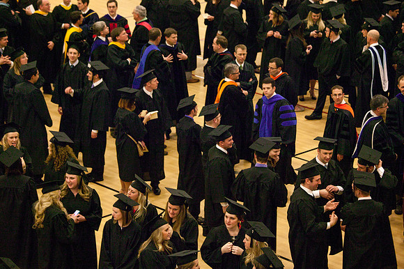 Students get ready to go into the I-Center for the Commencement Ceremony.