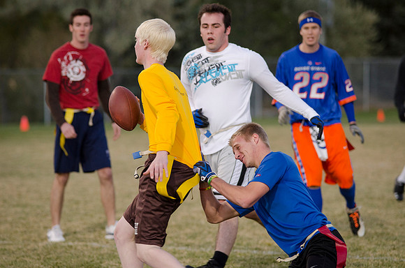 BYU-Idaho students play flag football with the rec sports program on BYU-Idaho campus
