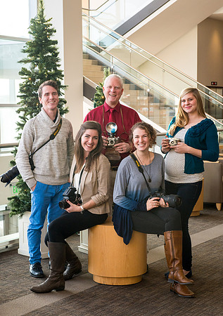University Relations Photo staff for Fall 2016 semester. Ryan Chase, Michael Lewis, Katherine Sullivan, Emily Gottfredson, Lana Strathearn. Also part of the team but not pictured is Courtney Thomas an