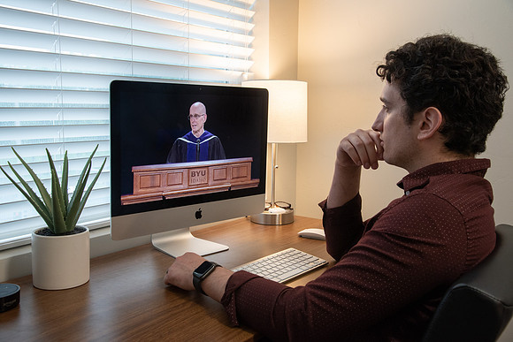 A BYU-Idaho Student watching President Henry J. Eyring during the Spring Graduation Live Stream.
