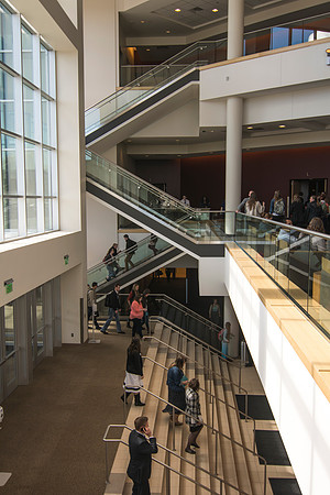 As students enter and exit the Brigham Young University-Idaho Center, they can enjoy the architectural structure of the building.