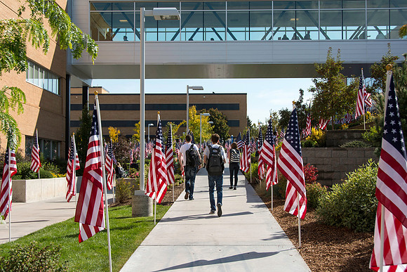 Flags on display in the Central Quad celebrate Constitution Day. "Remembering the brave men and women who gave so much for our Independance and the freedoms we now enjoy."