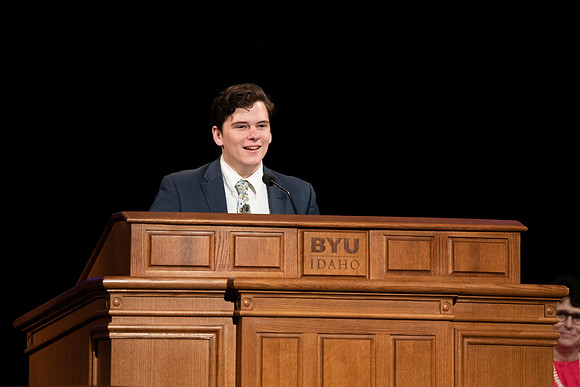 BYU-Idaho Devotional. Student sharing a Scripture. Winter Semester