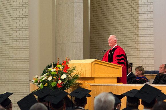 President Kim B. Clark speaks at the convocation ceremony for the College of Physical Sciences and Engineering held in the Taylor Chapel.