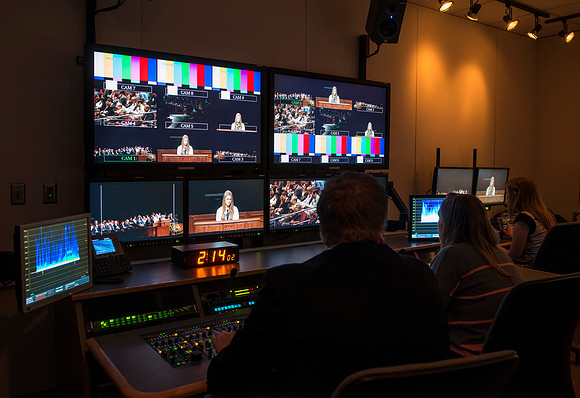 Behind the scenes of devotional: In the AV Camera Control room students run five mounted cameras in the BYU-I Center auditorium.
