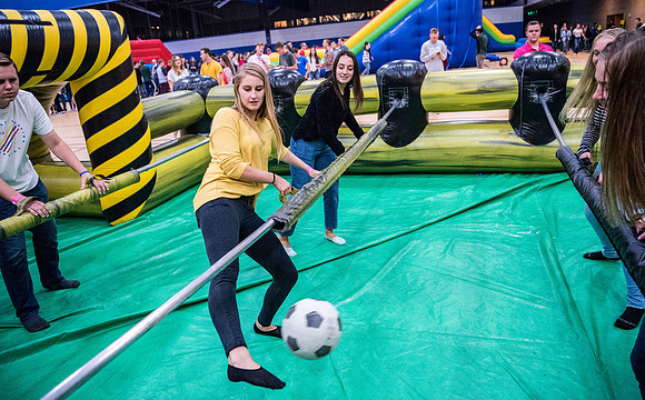 First Friday is a campus event to kick off the new semester with activities, inflatables, food, and dancing. Fall Semester.
