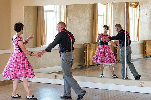 Adam and Jennifer Anderson dancing at the Woodman Ballroom for Online Recruiting marketing material.