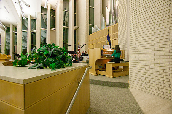 Tatiana Hawks plays prelude music before Convocation begins in the Taylor Chapel.