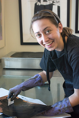 Art students at work in their hands-on print making class.