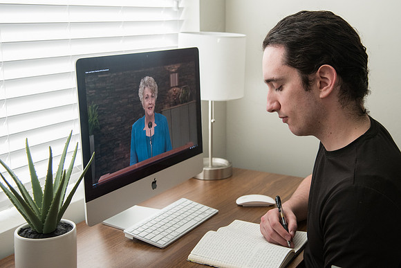 BYU-Idaho student tuning in to the Devotional via Livestream due to COVID-19 Guest Speakers Elder and Sister Renlund. Spring Semester