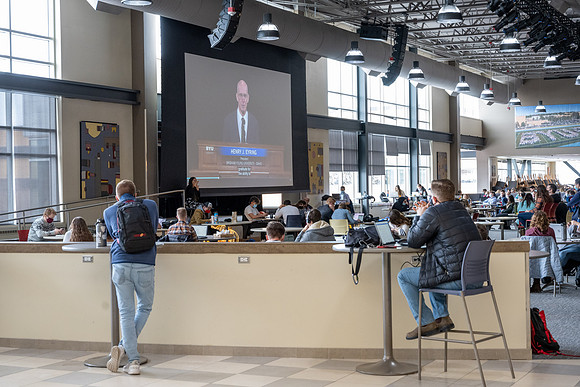 Students gather in the Manwaring Center, Crossroads to study, socialize, and watch devotional.