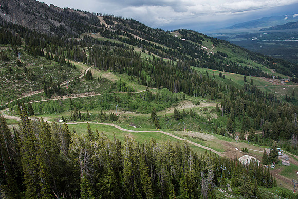 Jackson Hole Ski area. Scouting out Rock Spring Buttress for video shoot. Aerial Tram ride to the top.