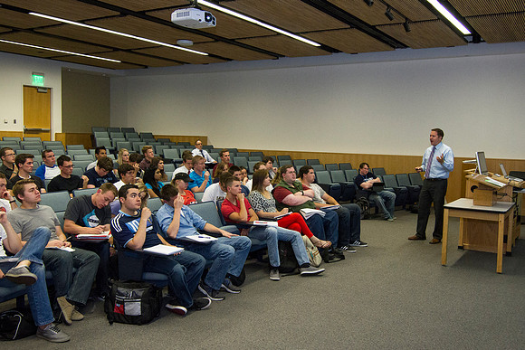 Brother Hyrum Lewis teaches American Foundations during the 2014 Spring Semester.