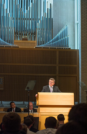 Brother HIcks a faculty member in the Communications Department at BYU-Idaho speaks at devotional in the Taylor Chapel.