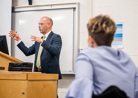BYUI classes in the religion department meeting during Covid-19 with masks and social distanced seating.