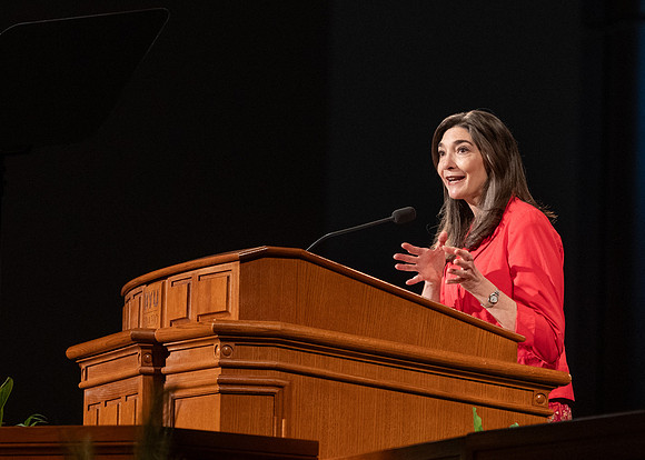 Sister Andrea Muñoz Spannaus and her husband Alin Spannaus speak to students at BYU-Idaho.