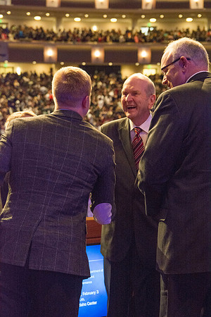 Elder Russell M. Nelson, of the Quorum of the Twelve Apostles, shakes the hand of the eldest son of Brigham Young University-Idaho's newest President of the University, Clark G. Gilbert. Photo by Ryan